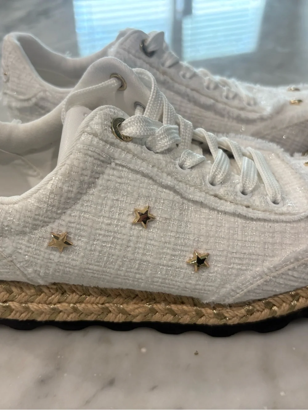 Karl Lagerfeld Paris Meaza Tweed Star Espadrille Sneakers White Gold - Size 7.5